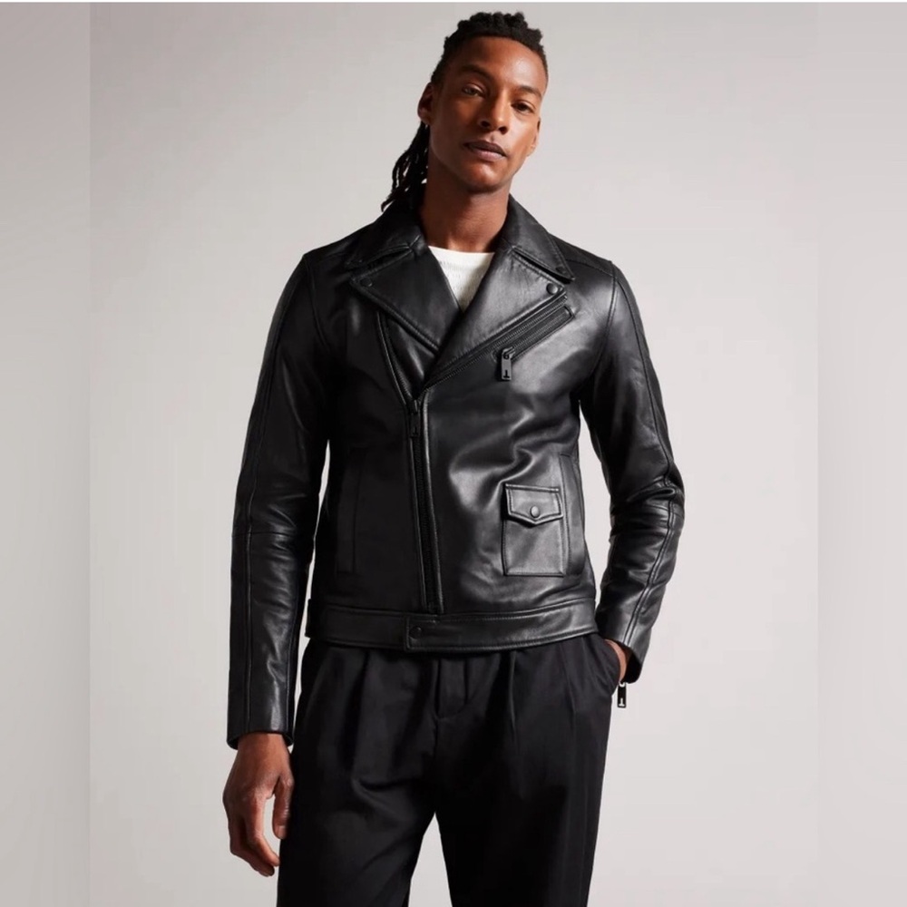 Ted Baker of London CARVE Ovine Leather Black Biker Jacket Ted 7/3XL/95 NEW NWT